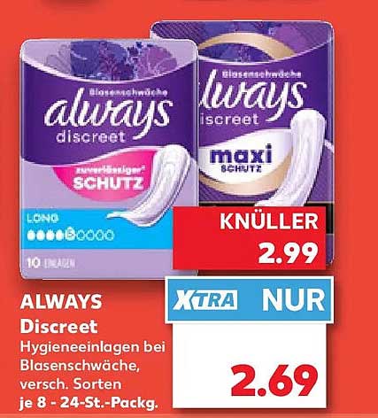 ALWAYS Discreet Hygieneeinlagen bei Blasenschwäche, versch. Sorten, je 8 - 24-St.-Packg.