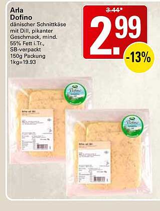 Arla Dofino dänischer Schnittkäse mit Dill, pikanter Geschmack, mind. 55% Fett i.Tr., SB-verpackt, 150g Packung