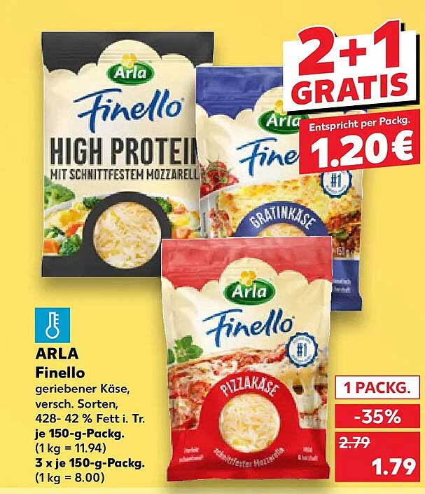 ARLA Finello geriebener Käse, versch. Sorten, 428-42 % Fett i. Tr. je 150-g-Packg. (1 kg = 11.94) 3 x je 150-g-Packg. (1 kg = 8.00)