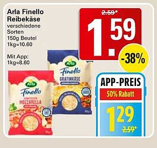 Arla Finello Reibekäse verschiedene Sorten 150g Beutel 1kg=10.60 Mit App: 1kg=8.60