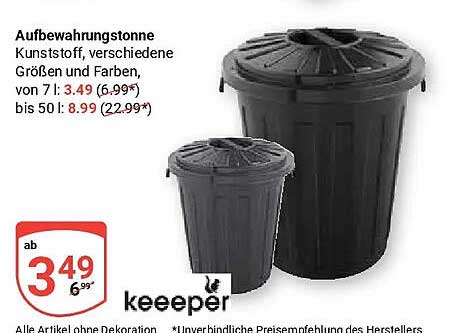 Aufbewahrungstonne Kunststoff, verschiedene Größen und Farben, von 7 l: 3.49 (6.99*) bis 50 l: 8.99 (22.99*)