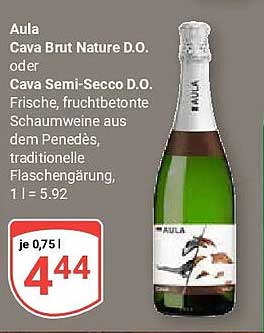 Aula Cava Brut Nature D.O. oder Cava Semi-Seco D.O. Frische, fruchtbetonte Schaumweine aus dem Penedès, traditionelle Flaschengärung, 1 l = 5.92