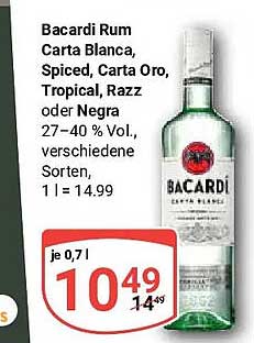 Bacardi Rum Carta Blanca, Spiced, Carta Oro, Tropical, Razz oder Negra 27–40 % Vol., verschiedene Sorten, 1 l