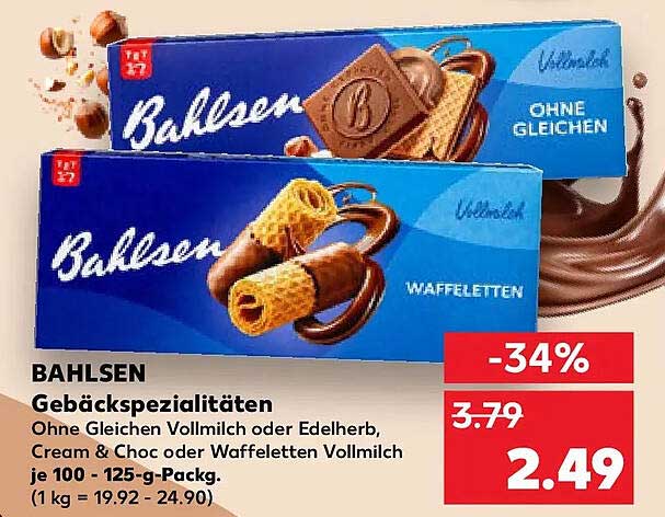 BAHLSEN Gebäckspezialitäten Ohne Gleichen Vollmilch oder Edelherb, Cream & Choc oder Waffeletten Vollmilch je 100 - 125 g-Packg. (1 kg = 19.92 - 24.90)