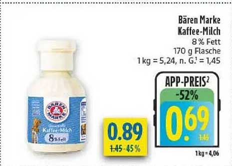 Bären Marke Kaffee-Milch 8 % Fett 170 g Flasche