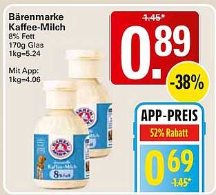 Bärenmarke Kaffee-Milch 8% Fett 170g Glas 1kg=5.24 Mit App: 1kg=4.06