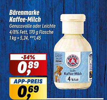 Bärenmarke Kaffee-Milch Genüssvolle oder Leichte 4/8% Fett, 170 g Flasche 1 kg = 5,24, **1,45