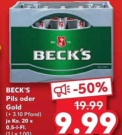 BECK'S Pils oder Gold (+ 3.10 Pfand) je Kd. 20 x 0,5-l-Fl. (1 l = 1,00)