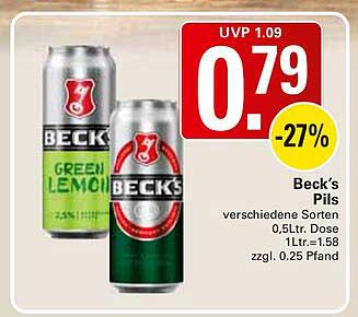 Beck's Pils verschiedene Sorten 0.5Ltr. Dose 1Ltr.=1.58 zzgl. 0.25 Pfand