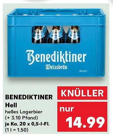 BENEDIKTINER Hell helles Lagerbier (+ 3.10 Pfand) je Ka. 20 x 0,5-l-Fl. (1 l = 1.50)