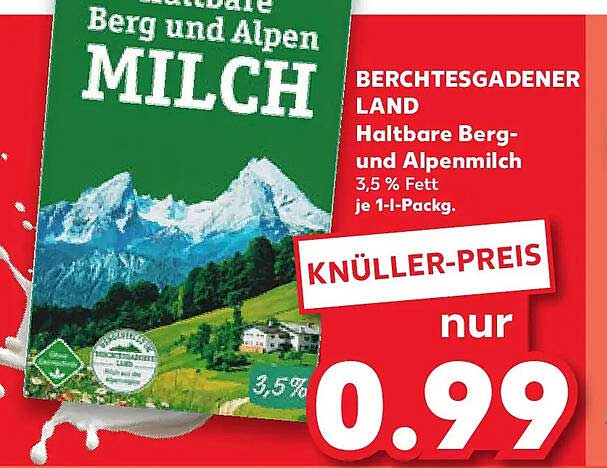 BERCHTESGADENER LAND Haltbare Berg- und Alpenmilch 3,5 % Fett je 1-L-Pack.