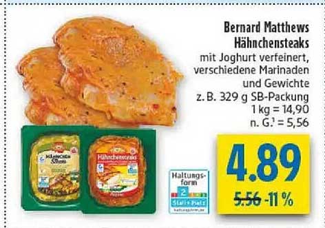 Bernard Matthews Hähnchensteaks mit Joghurt verfeinert, verschiedene Marinaden und Gewichte z. B. 329 g SB-Packung