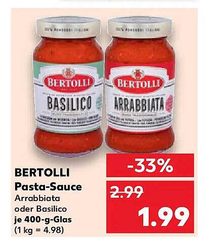 BERTOLLI Pasta-Sauce Arrabbiata oder Basilico je 400-g-Glas (1 kg = 4.98)