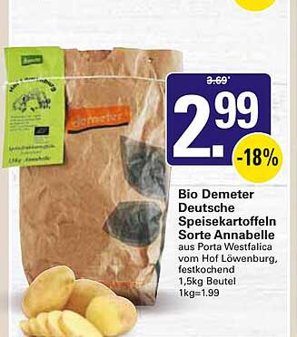 Bio Demeter Deutsche Speisekartoffeln Sorte Annabelle aus Porta Westfalica vom Hof Löwenburg, festkochend, 1,5kg Beutel, 1kg=1.99