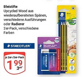 Bleistifte Upcycled Wood aus wiederaufbereiteten Spänen, verschiedene Ausführungen oder Radierer 2er-Pack, verschiedene Farben