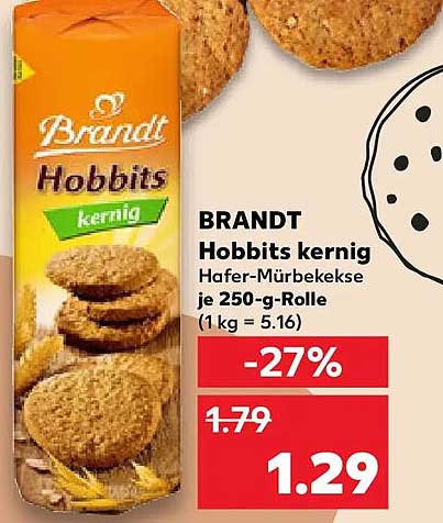 BRANDT Hobbits kernig Hafer-Mürbekekse je 250-g-Rolle (1 kg = 5.16)