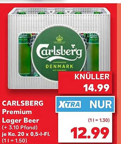CARLSBERG Premium Lager Beer (+ 3,10 Pfand) je Kx. 20 x 0,5-l-Fl. (1 l = 1.50)