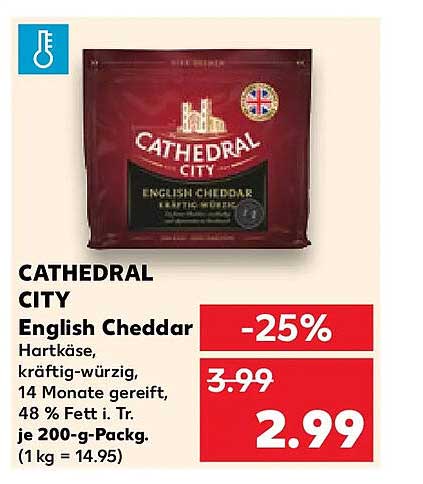 CATHEDRAL CITY English Cheddar Hartkäse, kräftig-würzig, 14 Monate gereift, 48 % Fett i. Tr. je 200-g-Packg. (1 kg = 14.95)