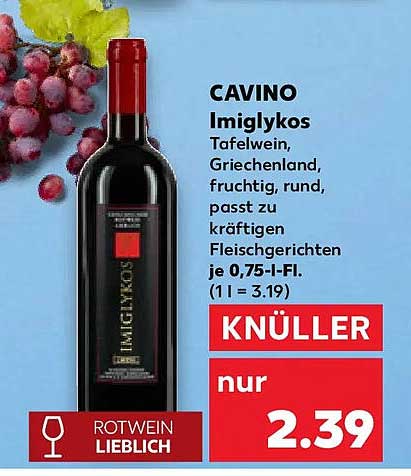 CAVINO Imiglykos Tafelwein, Griechenland, fruchtig, rund, passt zu kräftigen Fleischgerichten je 0,75-l-Fl. (1 l = 3.19)