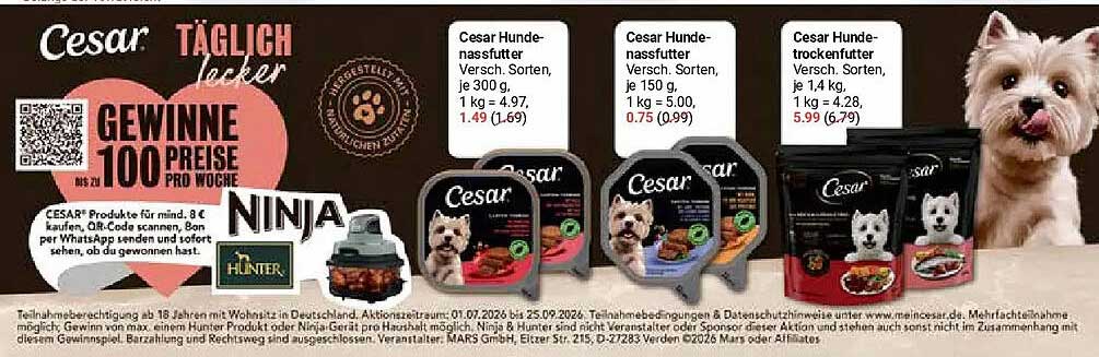 Cesar Hundefutterschn. Versch. Sorten, je 300 g, 1 kg = 4.97