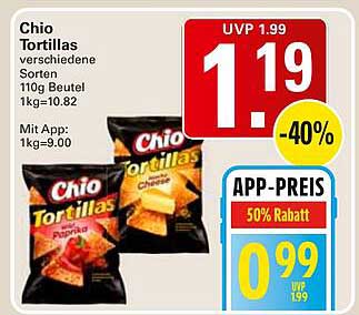 Chio Tortillas verschiedene Sorten 110g Beutel 1kg=10.82 Mit App: 1kg=9.00