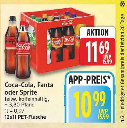 Coca-Cola, Fanta oder Sprite teilw. koffeinhaltig, + 3,30 Pfand 1l = 0,97 12x1 l PET-Flasche