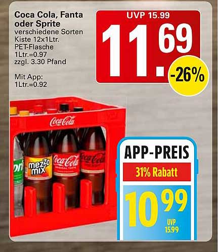 Coca Cola, Fanta oder Sprite verschiedene Sorten Kiste 12x1Ltr. PET-Flasche 1Ltr.=0.97 zzgl. 3.30 Pfand Mit App: 1Ltr.=0.92