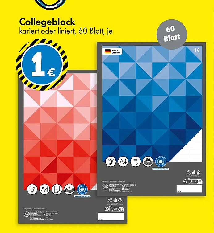 Collegeblock kariert oder liniert, 60 Blatt, je