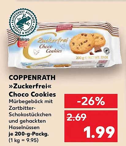 COPPENRATH »Zuckerfrei« Choco Cookies Mürbegebäck mit Zartbitter-Schokostückchen und gehackten Haselnüssen je 200-g-Packg. (1 kg = 9.95)