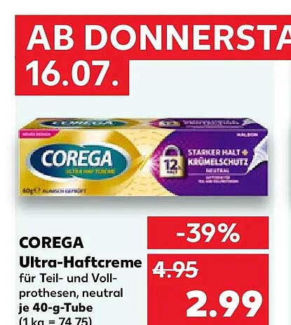 COREGA Ultra-Haftcreme für Teil- und Vollprothesen, neutral, je 40-g-Tube (1 kg = 74,75)