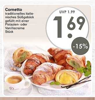 Cornetto traditionelles italienisches Süßgebäck gefüllt mit einer Pistazien- oder Vanillecreme Stück