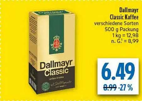 Dallmayr Classic Kaffee verschiedene Sorten 500 g Packung 1 kg = 12,98 n. G. = 8,99