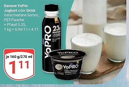 Danone YoPro Joghurt oder Drink Verschiedene Sorten, PET-Flasche + Pfand 0.25, 1 kg = 6.94/l = 4.11