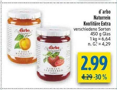 d'arbo Naturrein Konfitüre Extra verschiedene Sorten 450 g Glas