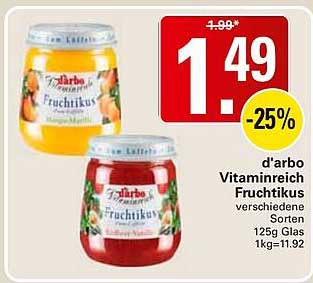 d'arbo Vitaminreich Fruchtikus verschiedene Sorten 125g Glas 1kg=11.92