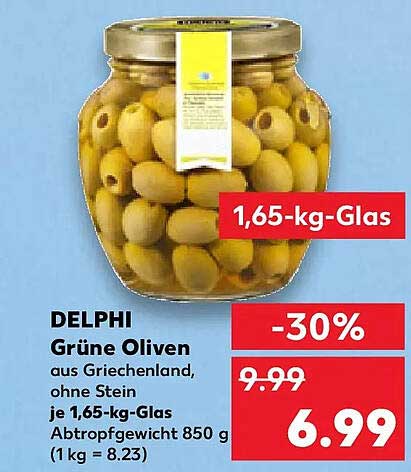 DELPHI Grüne Oliven aus Griechenland, ohne Stein je 1,65-kg-Glas Abtropfgewicht 850 g (1 kg = 8.23)