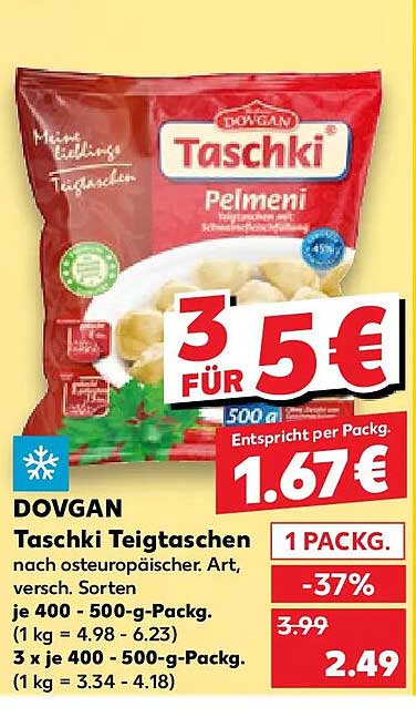 DOVGAN Taschki Teigtaschen nach osteuropäischer Art, versch. Sorten, je 400 - 500-g-Packg. (1 kg = 4.98 - 6.23) 3 x 400 - 500-g-Packg. (1 kg = 3.34 - 4.18)