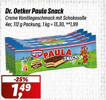 Dr. Oetker Paula Snack Creme Vanillegeschmack mit Schokosoße 4er, 112 g Packung, 1 kg = 13,30, **1,99
