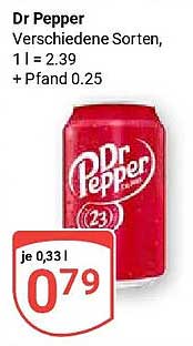 Dr Pepper Verschiedene Sorten, 1 l = 2.39 + Pfand 0.25