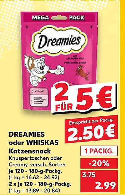 DREAMIES oder WHISKAS Katzensnack Knuspertaschen oder Cremy, versch. Sorten je 120 - 180-g-Packg. 2 x je 120 - 180-g-Packg.