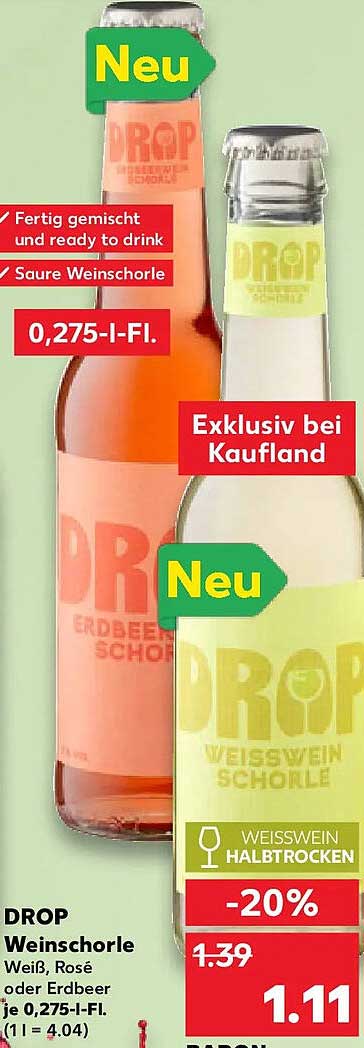 DROP Weinschorle Weiß, Rosé oder Erdbeer je 0,275-l-Fl. (1 l = 4.04)