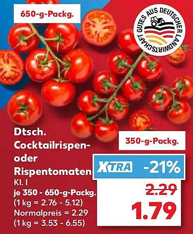Dtsch. Cocktailrispen- oder Rispentomaten Kl. I je 350 - 650-g-Packg. (1 kg = 2.76 - 5.12) Normalpreis = 2.29 (1 kg = 3.53 - 6.55)