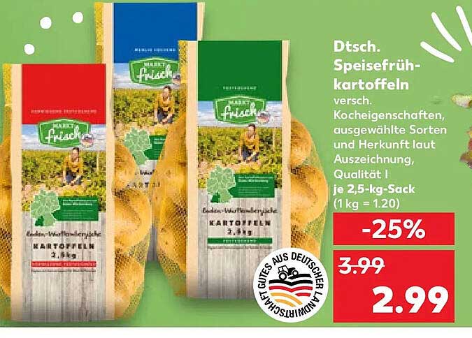 Dtsch. Speisefrühkartoffeln versch. Kocheigenschaften, ausgewählte Sorten und Herkunft laut Auszeichnung, Qualität I, je 2,5-kg-Sack (1 kg = 1.20)