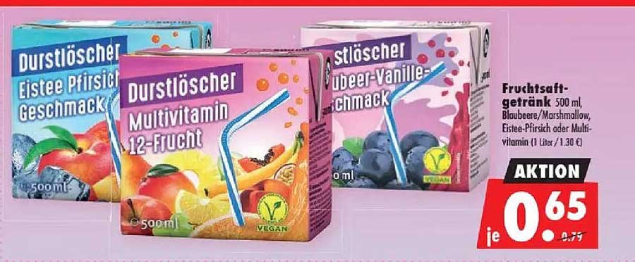 Durstlöscher Fruchtsoft-getränk 500 ml Blaubeere/ Marshmallow, Eistee-Pfirsich oder Multivitamin (1 Liter / 1,30 €)