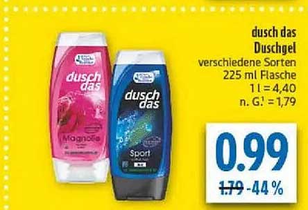 dusch das Duschgel verschiedene Sorten 225 ml Flasche 1 l = 4,40 n. G. = 1,79