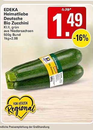EDEKA Heimatliebe Deutsche Bio Zucchini Kl. II, grün aus Niedersachsen 500g 1kg=2.98