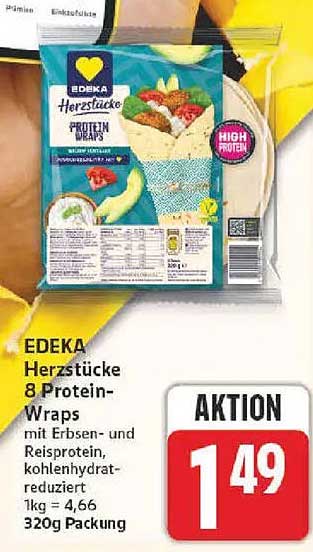 EDEKA Herzstücke 8 Protein-Wraps mit Erbsen- und Reisprotein, kohlenhydratreduziert 1kg = 4,66 320g Packung