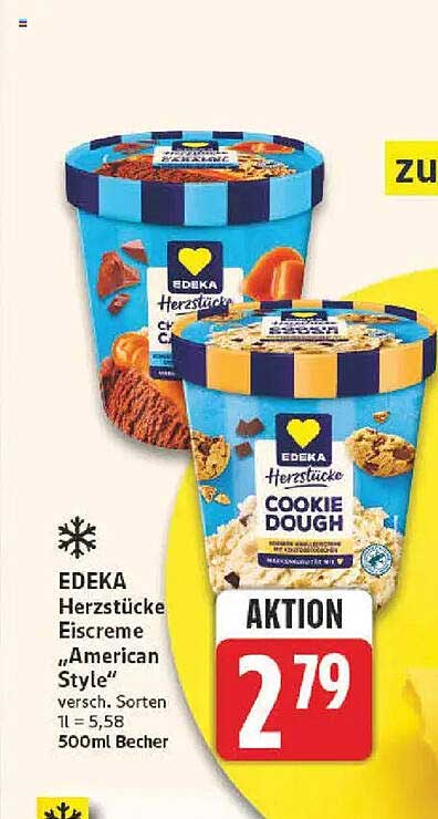 EDEKA Herzstücke Eiscreme „American Style“ versch. Sorten 1L = 5,58 500ml Becher
