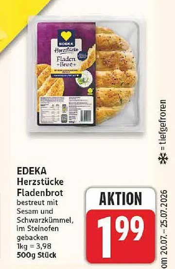 EDEKA Herzstücke Fladenbrot bestreut mit Sesam und Schwarzkümmel, im Steinofen gebacken 1kg = 3,98 500g Stück