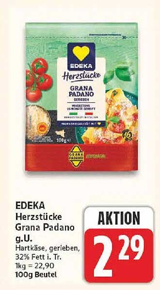 EDEKA Herzstücke Grana Padano g.U. Hartkäse, gerieben, 32% Fett i. Tr. 100g Beutel